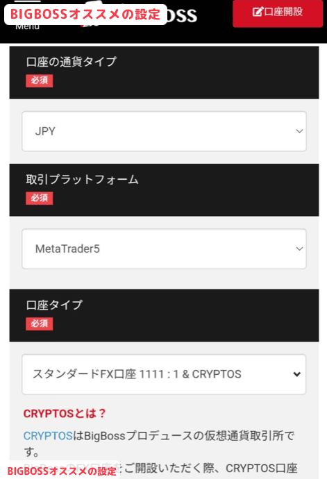 BigBossオススメの口座開設設定:通貨タイプJPY、取引プラットフォームMetaTrader5、口座タイプはスタンダードFX口座