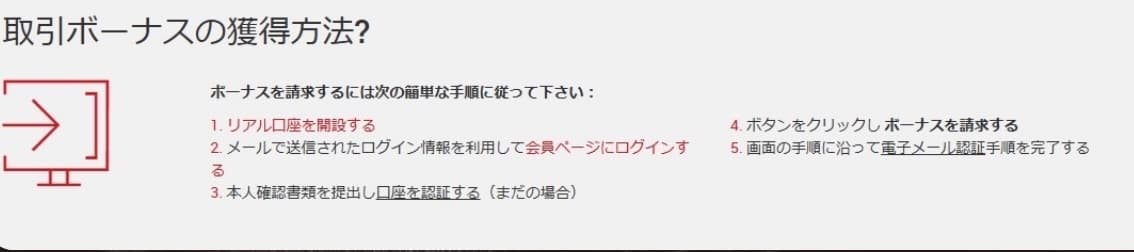 取引ボーナスの獲得方法:リアル口座を開設し、会員ページにログイン後、口座を認証してボーナスを請求する手順